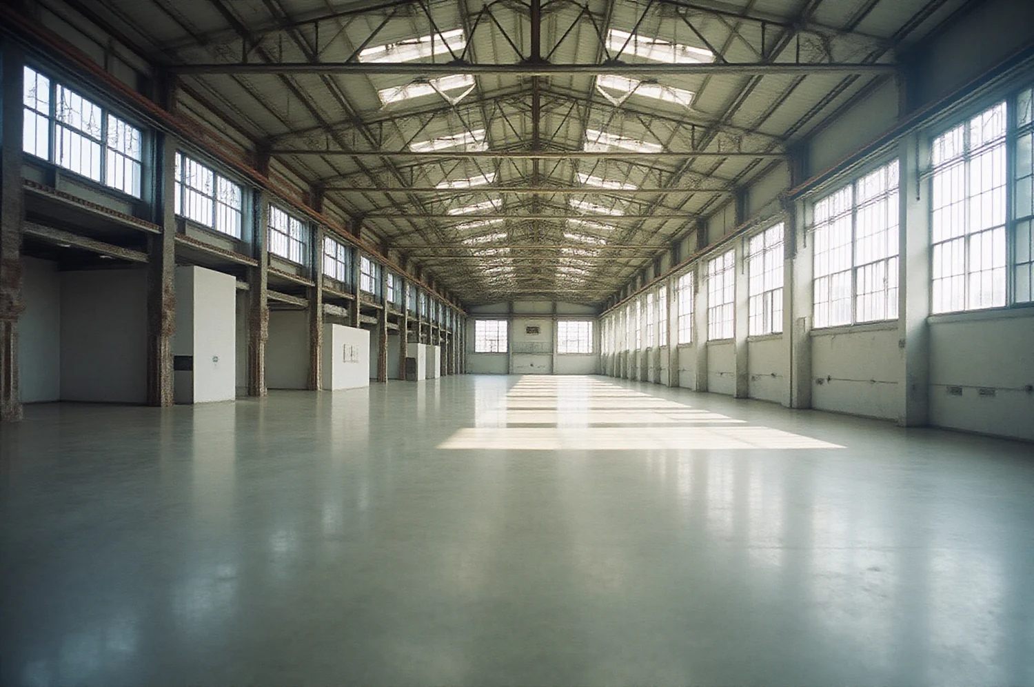 Empty exhibition hall interior with polished floor and roof trusses