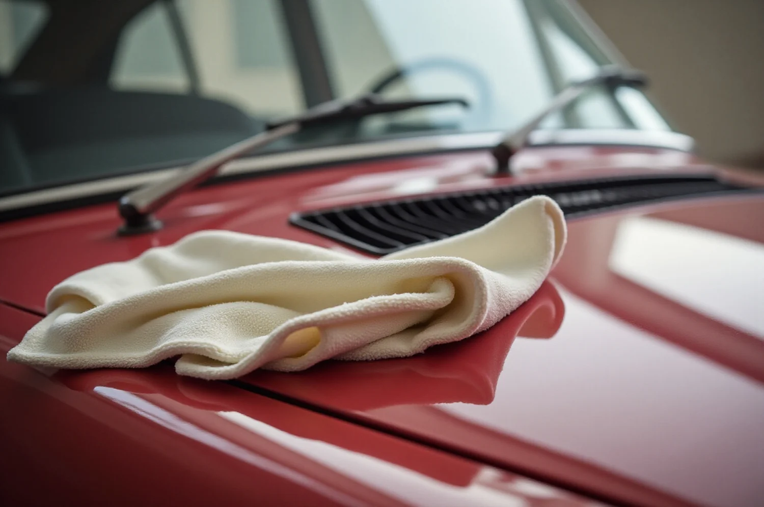 A cloth on the painted wing of a car, close up